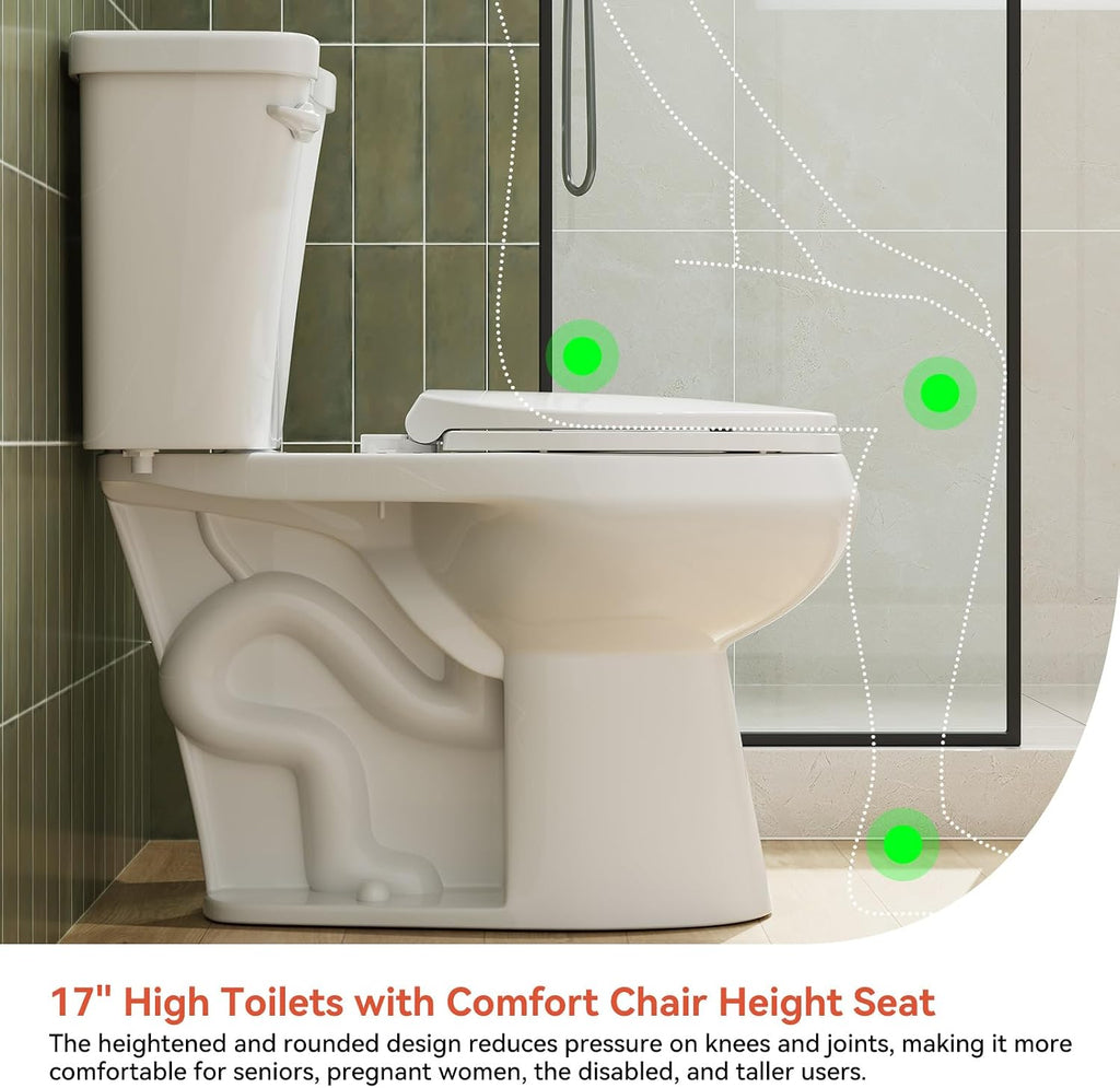 HOROW 17 Inch Compact Tall Toilet for Seniors, Two Piece Toilet for Small Bathroom with Powerful 1.28 GPF Single Flush, MAP 1000g, ADA Chair Height, Soft-Close Seat, and Round Bowl, HR-R17S