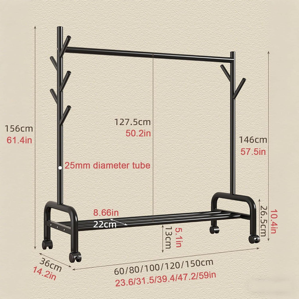 Heavy-Duty Clothes Rack,Rolling Garment Racks With Wheels,Hanging Storage Racks,Freestanding Metal Coat Organizer With Branch Hooks & Bottom Shelf,for Bedroom/Living Room(White,80cm(31.5in))