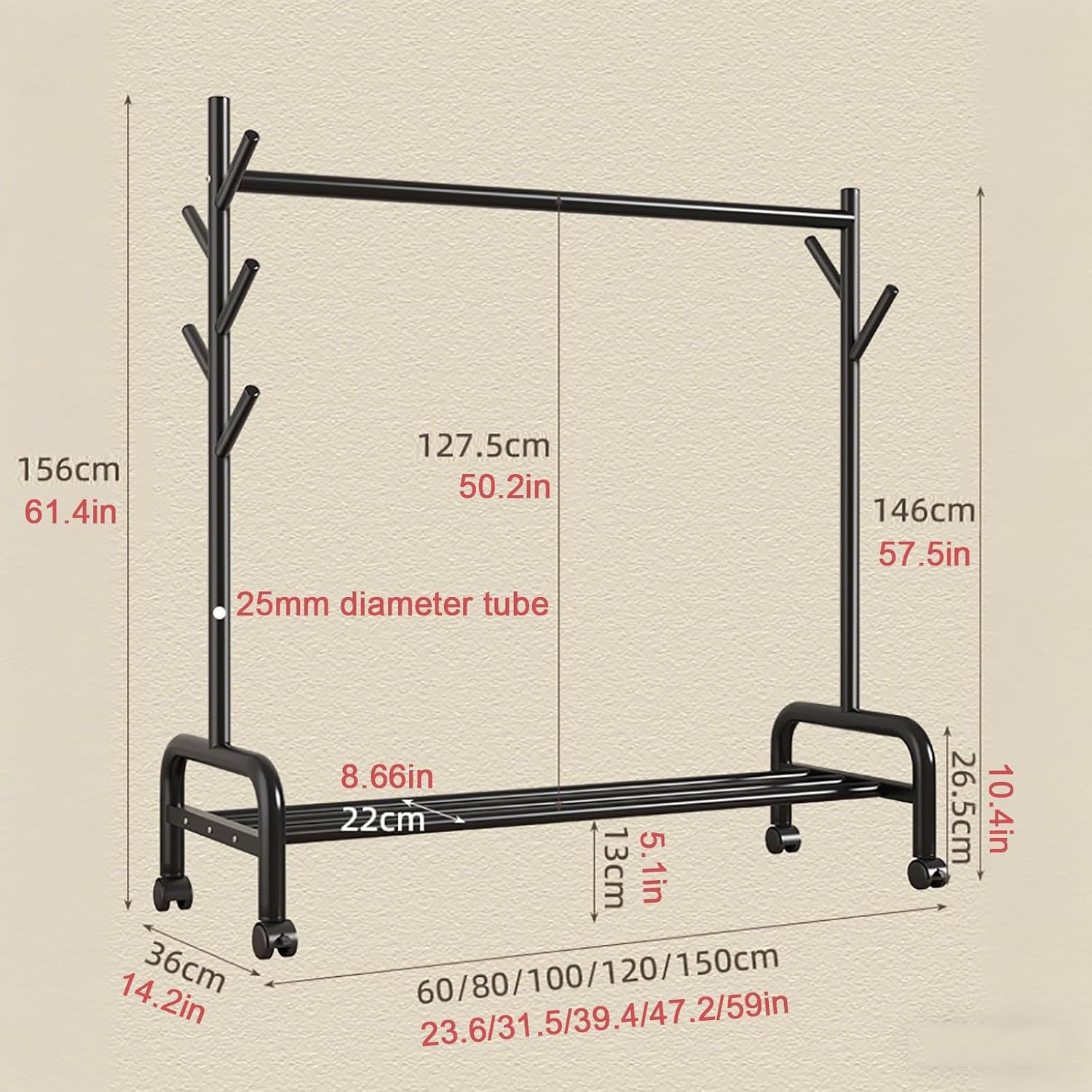 Heavy-Duty Clothes Rack,Rolling Garment Racks With Wheels,Hanging Storage Racks,Freestanding Metal Coat Organizer With Branch Hooks & Bottom Shelf,for Bedroom/Living Room(White,80cm(31.5in))