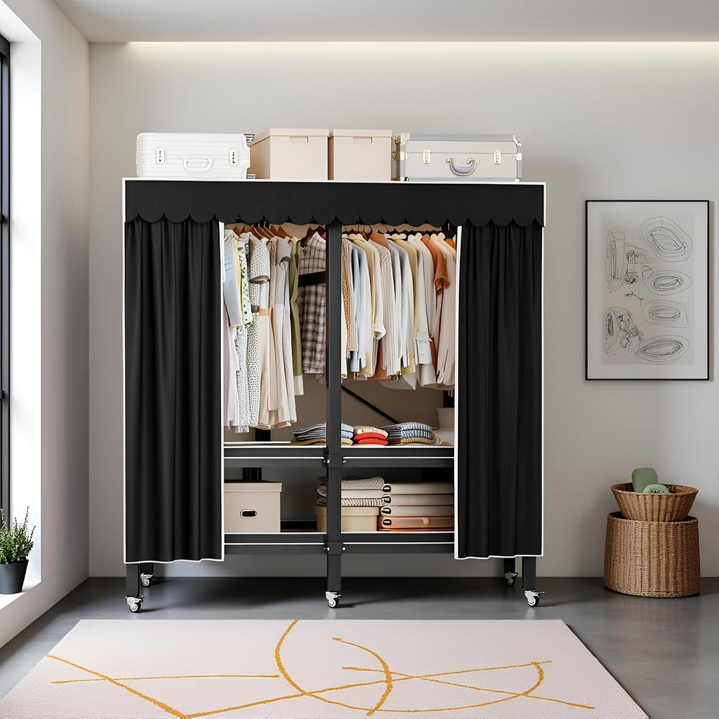 Heavy Duty Portable Wardrobe, Metal Foldable Covered Clothes Rack, 1500LBS, Freestanding Closet System Rolling Garment Rack, for Bedroom Closet (Black Zipper, 59in)