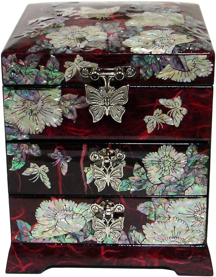 Antique Alive Mother of Pearl Inlay Design Jewelry Box, Wood Jewelry Box, Trinket Case, Keepsake Treasure Chest Box Organizer Holder (Flower)