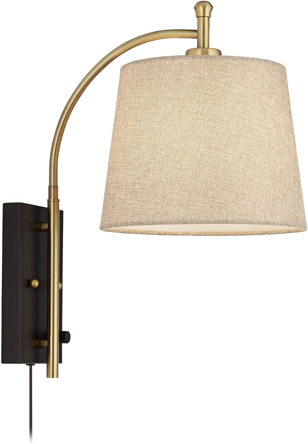 360 Lighting Chester Modern Swing Arm Wall Lamps Set of 2 Brass Black Metal Plug-in Light Fixture Tan Fabric Drum Shade for Bedroom Bedside House Reading Living Room Home Hallway Dining