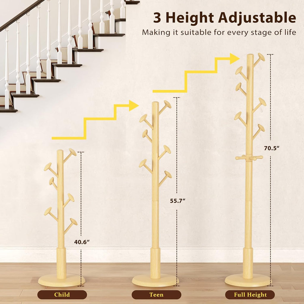 Taitiy Solid Wood Coat Rack Freestanding Coat Tree with 10 Hooks for Bedroom, Livingroom, Entryway, Sturdy Coat Hanger Stand for Hats, Coats, Scarves, Handbags, Purses
