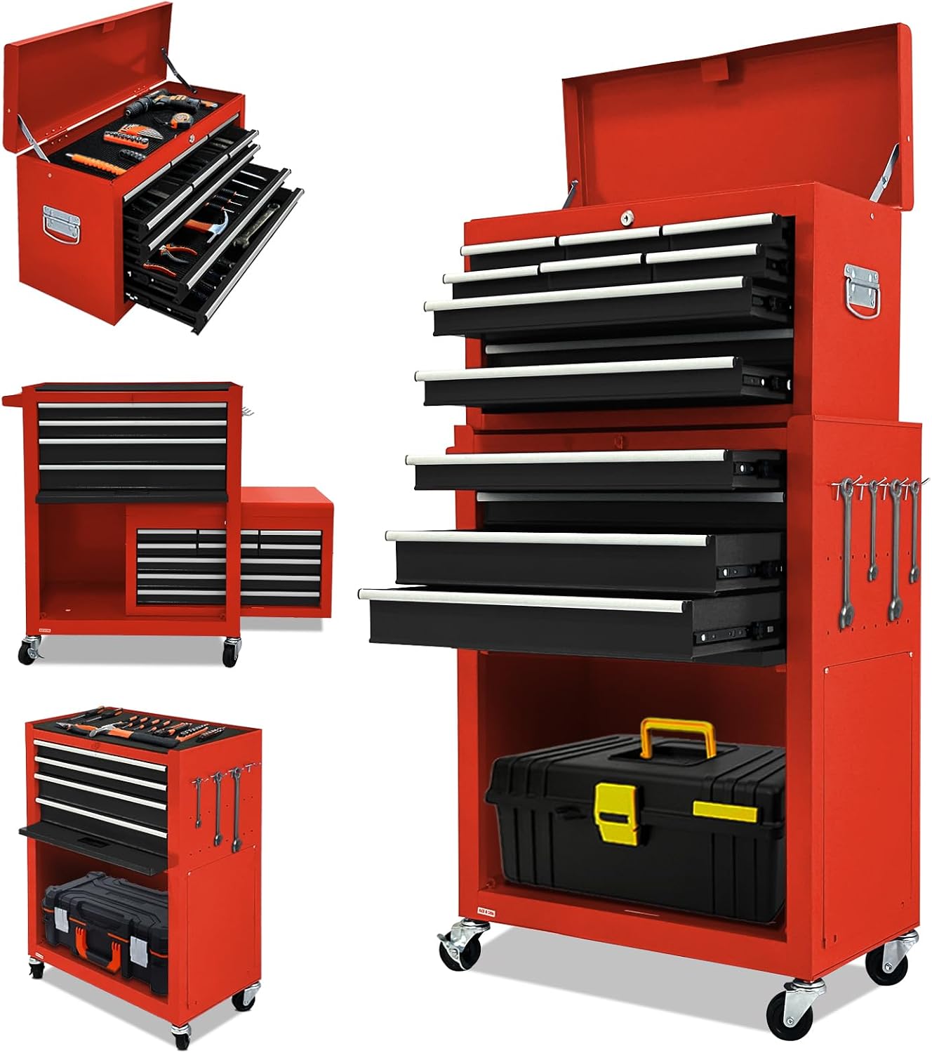 13-Drawer Rolling Tool Chest, 2-in-1 Heavy Duty Detachable Storage Cabinet with Lockable Wheels & Removable Top Box, 600 lbs Capacity for Mechanics, Garage Workshop (Red＆Black)