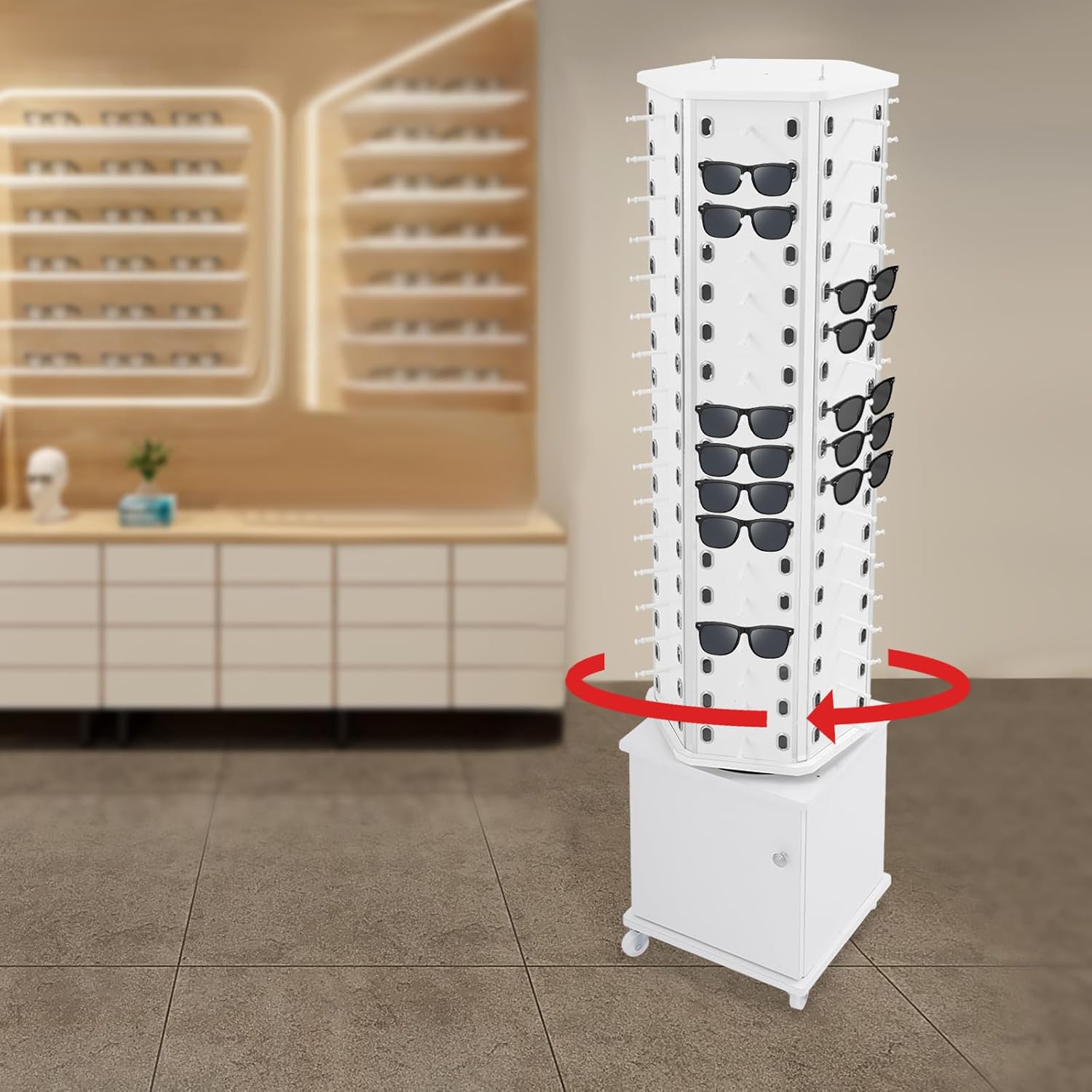 102 Pairs Rotating Glasses Display Stand, Eyewear Storage Organizer with Cabinet & Wheels, Commercial Sunglasses Display Rack, Optical Shop Glasses Holder (White)