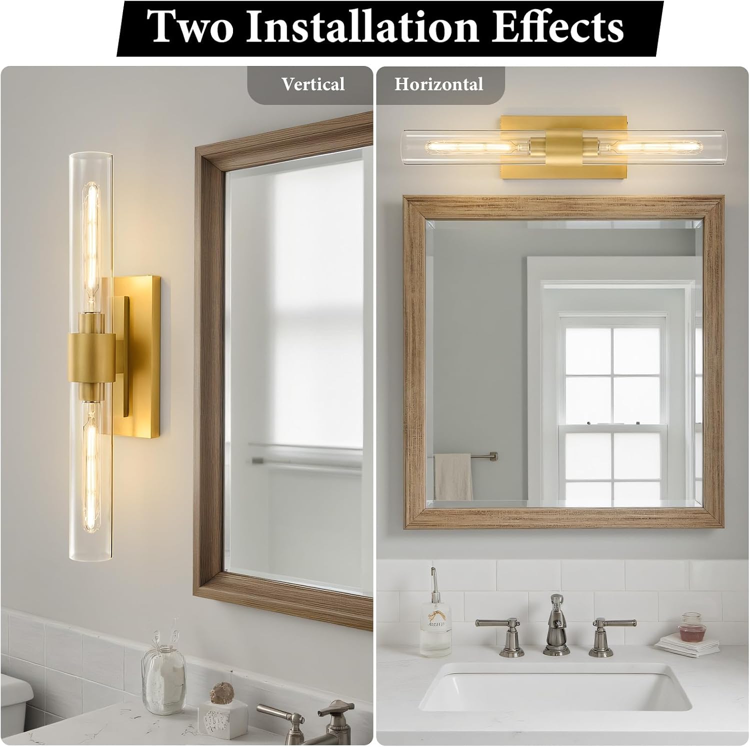 Gold Brass Bathroom Wall Sconce - Set of 2 Modern Long Linear Dimmable Sconces - Clear Glass Tube Vanity Light - Vertical or Horizontal Mounted Lighting Fixture for Indoor Bedroom Living Room Hallway