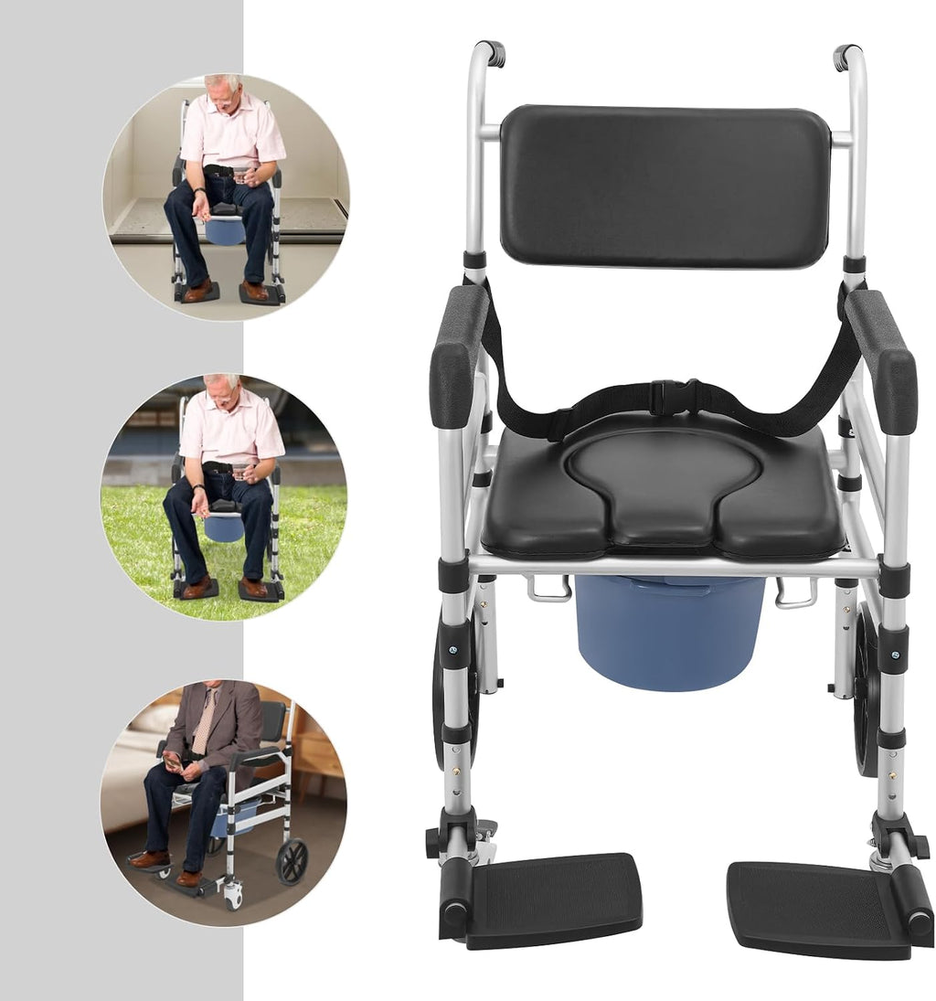 Foldable Shower Chair, Shower Wheelchair with Lockable Wheels Rolling Bedside Commode for Toilet with Height Adjustable & Sponge Padded Seat for Elderly Support 330lbs+Extra Cushion (U-Shape)