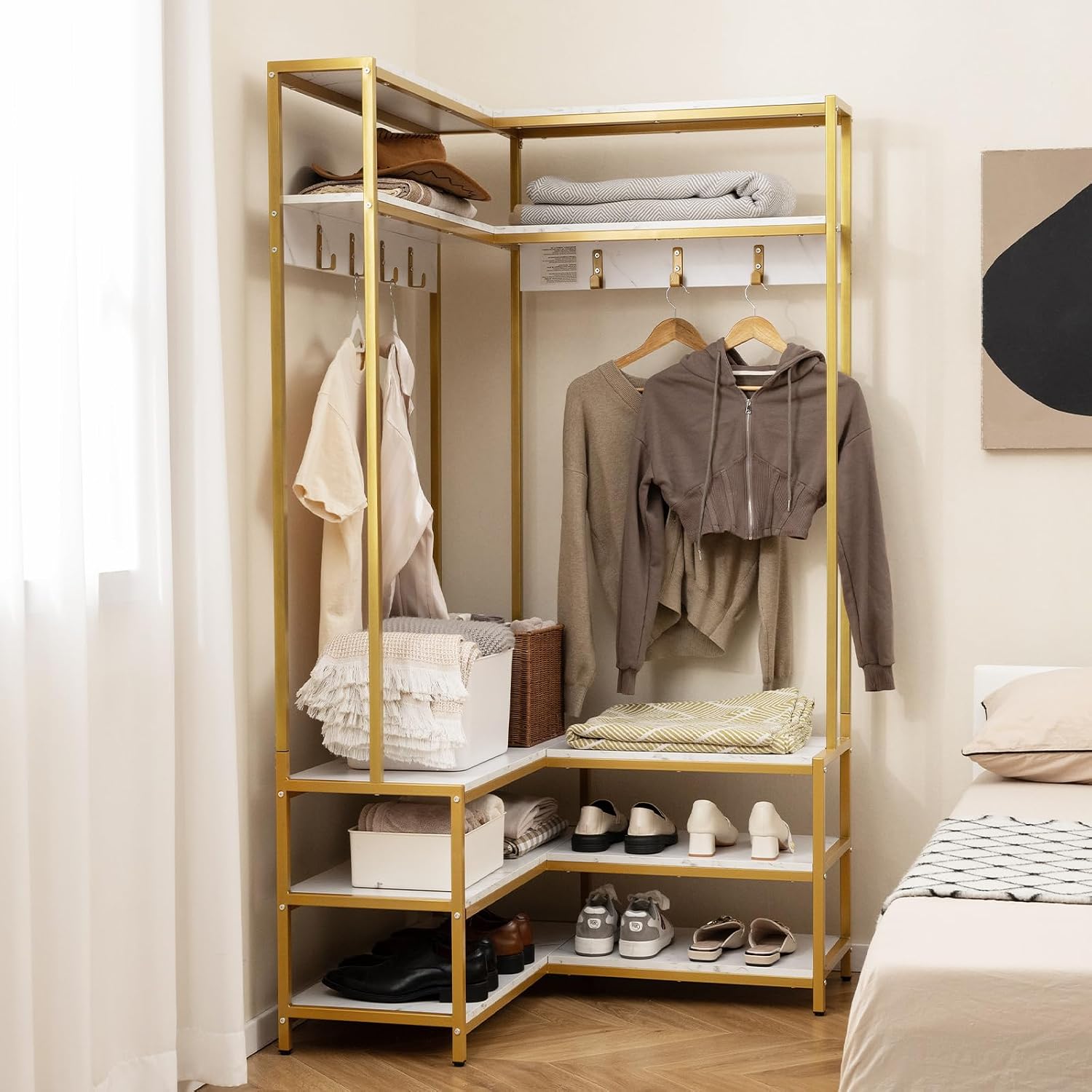 Giantex Corner Coat Rack with Shoe Bench, L-Shaped Garment Rack with 5 Shelves & 7 Hooks, Heavy Duty Freestanding Clothes Racks Entryway Bench with Shoes Organizer for Hallway (White & Gold)