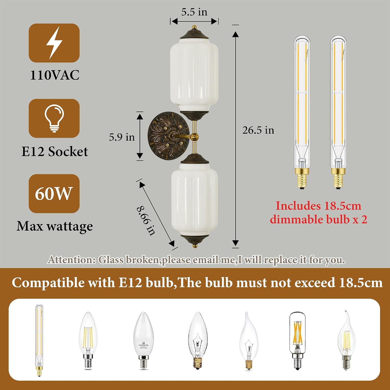 Vintage Milk Glass Bathroom Wall Sconce - 25' Mid Century Dimmable Vanity Light with Bulb - Vertical or Horizontal Mounted Sconces - Modern Brass Gold Lighting Fixture for Indoor Bedroom Hallway Decor