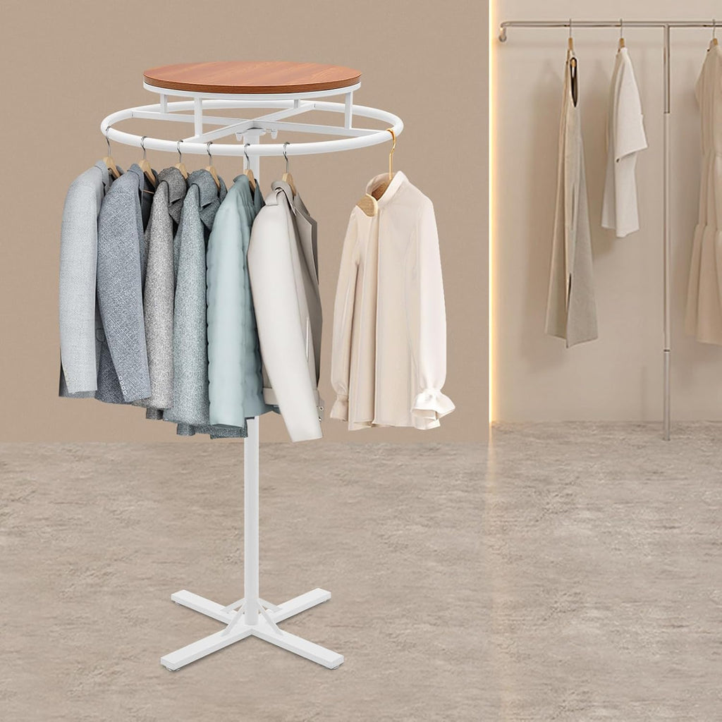 28 * 51 inch Retail Clothing Garment Racks with Display Table, White 360° Rotatable Floor-Standing Clothes Storage Rack for Bedrooms Boutiques Retail Commercial Shop Laundry Room
