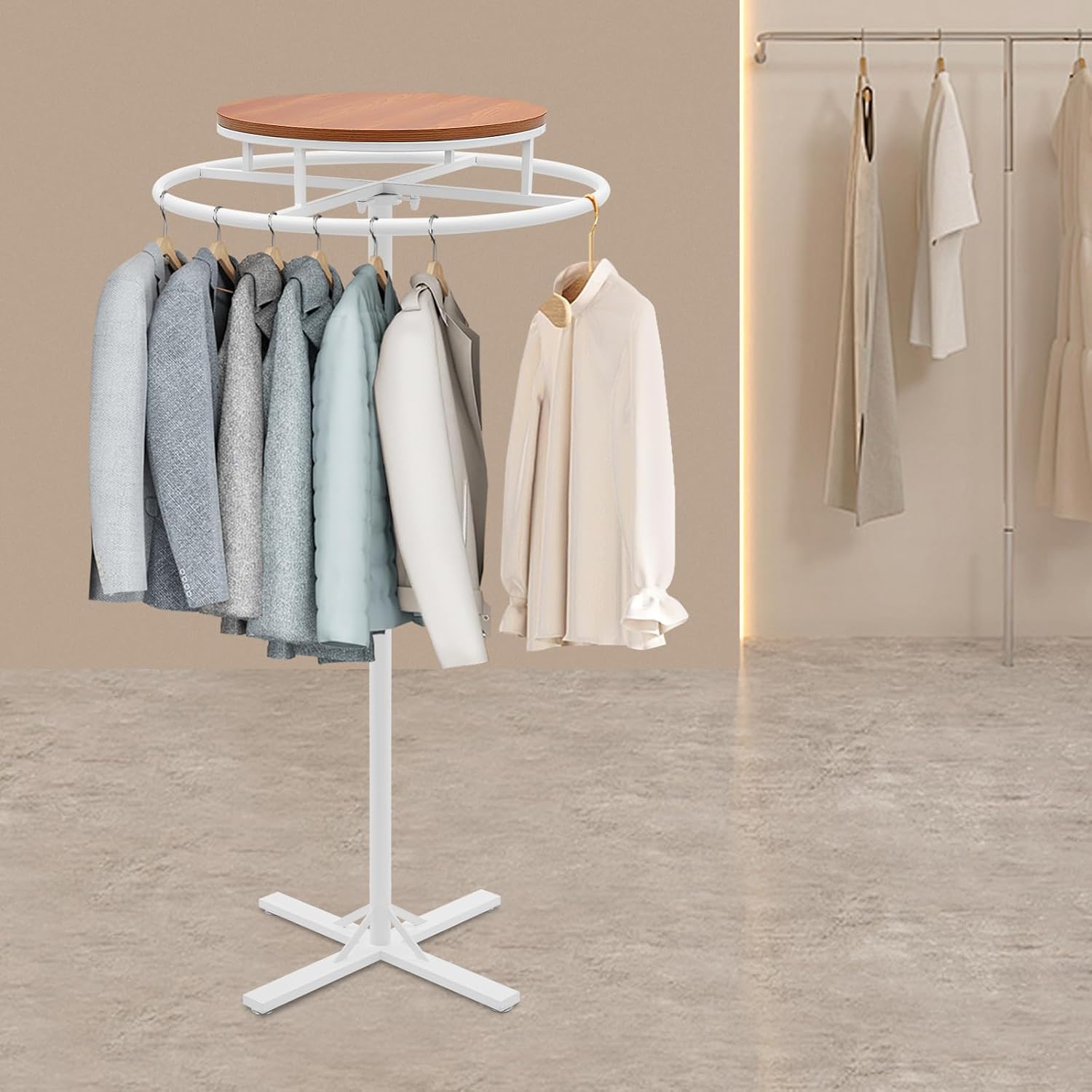 28 * 51 inch Retail Clothing Garment Racks with Display Table, White 360° Rotatable Floor-Standing Clothes Storage Rack for Bedrooms Boutiques Retail Commercial Shop Laundry Room