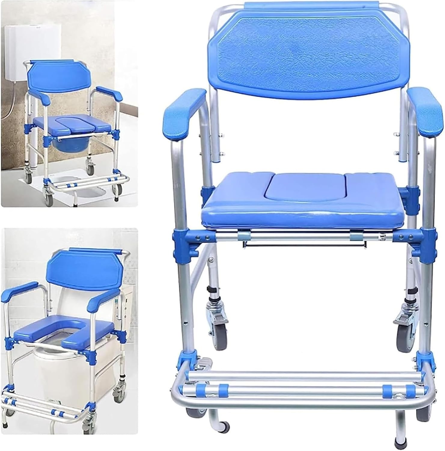 Bedside Commode,Toilet Seat with Handles Portable Aluminum Alloy Wheelchair Commode Toilet Seat Medical Transport Washable Rolling Chair with Casters