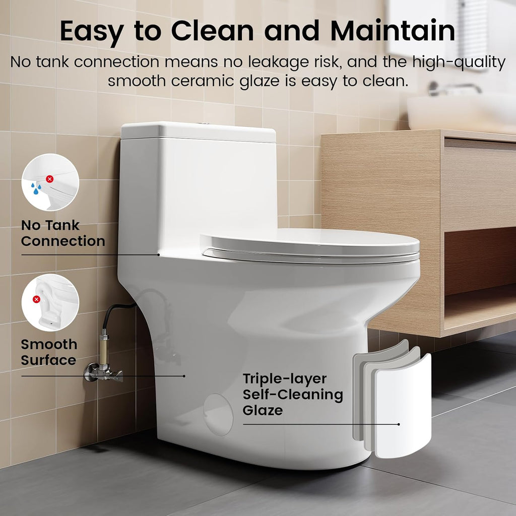SOTOMO K-0351DF Elongated One Piece Toilet, ADA Comfort Seat Height 17.2', Dual Flush 1.1/1.6 GPF Compact Toilet, Soft-Close Seat, 12' Rough-In, MAP 1000g for Bathrooms, Modern White Skirted Toilet