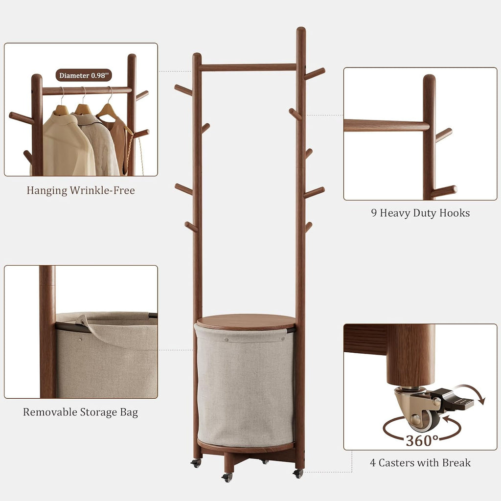 CycleCrew Solid Wood Coat Rack with Fabric Basket - Freestanding Coat Rack Rolling Coat Tree with 9 Hooks Wheels, Small Clothes Rack For Entryway Bedroom Hallway Living Room