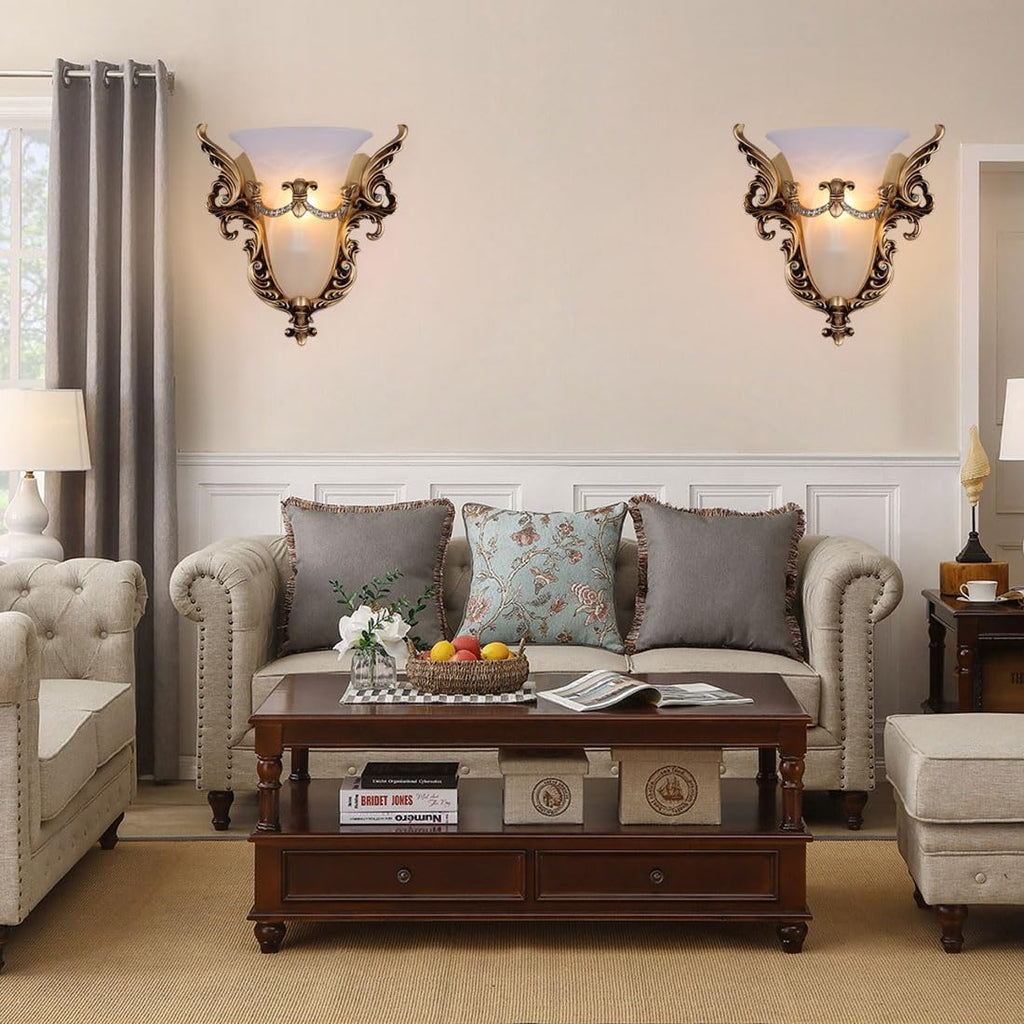 Wall Sconce Light Fixture Gold Wall Sconces Set of Two Unique Angel Wings Style White Glass Wall Light Vintage Antique Wall Lights Resin Wall Lamp for Living Room Hallway Bedroom