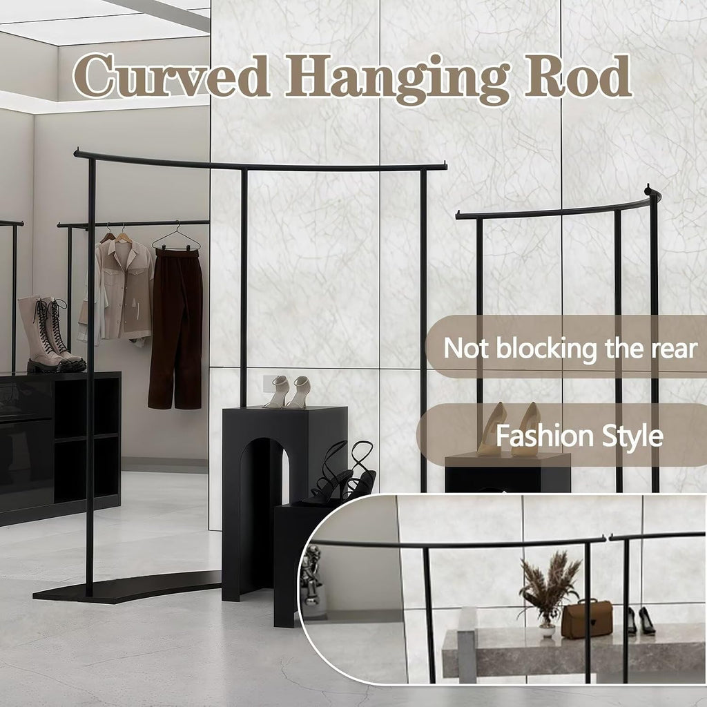 5-Piece Black Retail Clothing Rack Set - Sturdy Metal Garment Rack & Display Tables with Curved Modern Minimalist Design, for Boutique, Clothing Store