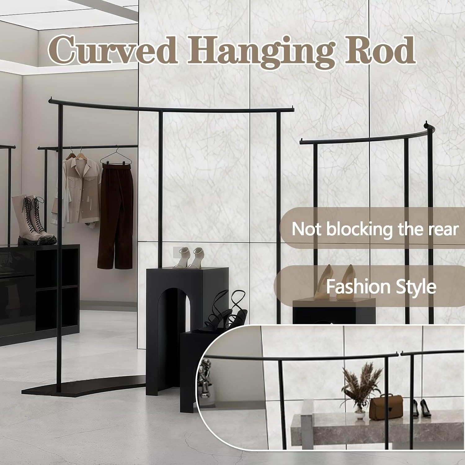 5-Piece Black Retail Clothing Rack Set - Sturdy Metal Garment Rack & Display Tables with Curved Modern Minimalist Design, for Boutique, Clothing Store