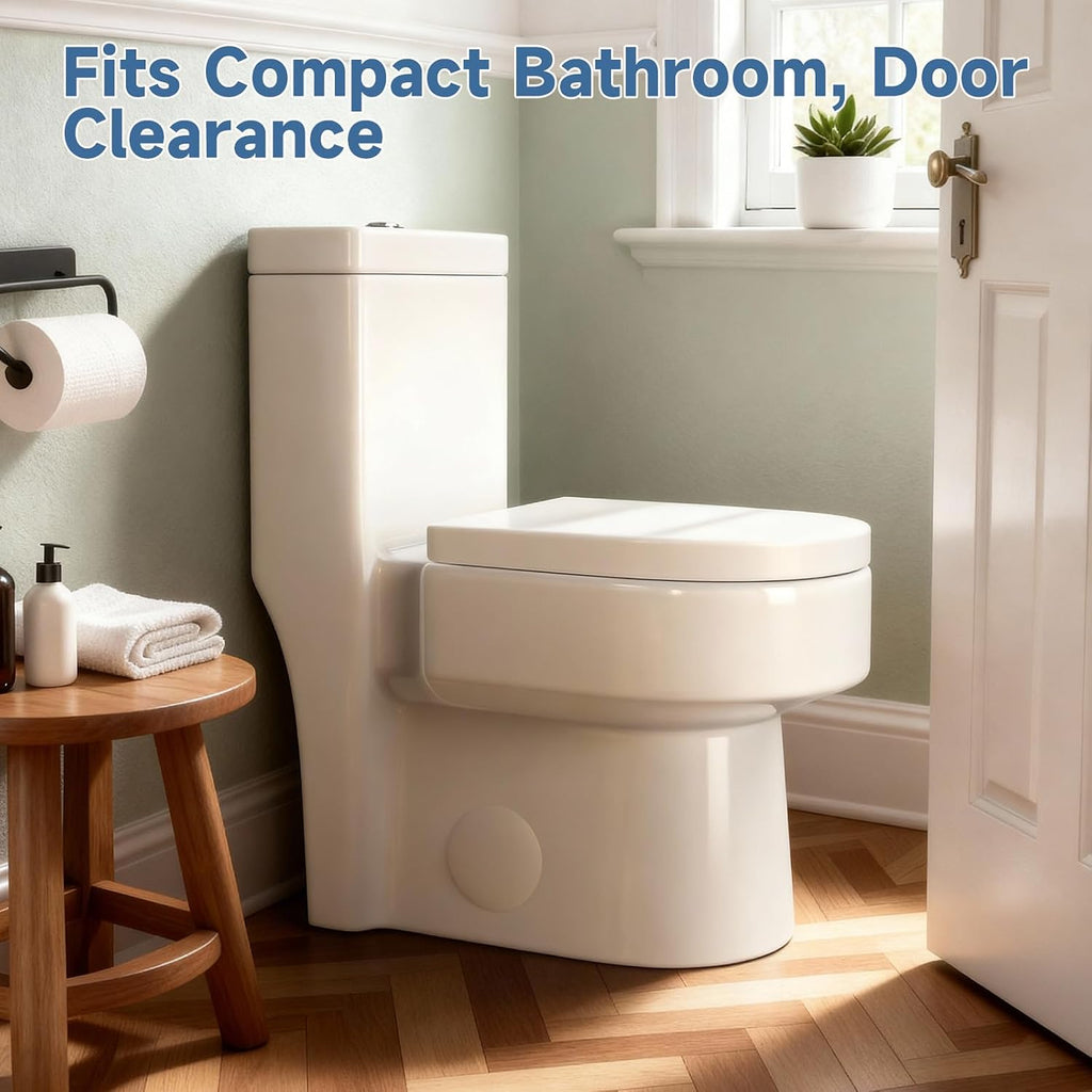 Compact One Piece Toilet with Soft-close Seat Lid, Power Dual Flush 1.2/1.85 GPF, Modern Standard White Toilet Bowl, Water Saving Toilet For Bathroom, 12'' Rough-in,Dirt-resistant Glazed