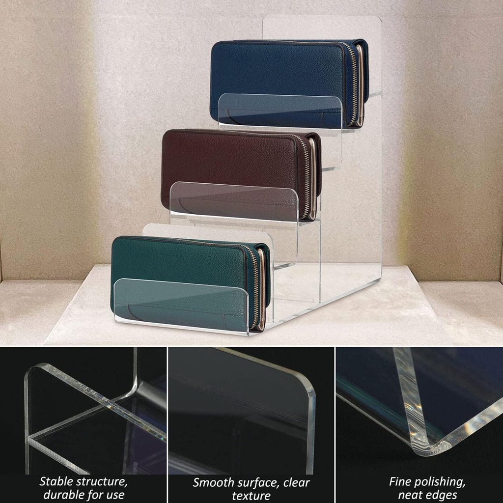 Cabilock Acrylic Purse Display 6- Tier Display Stand:4pcs Acrylic Riser Display Shelf Wallet Display Stand Holder Shelf Storage- Holds Womans Purse, Hanging Bag
