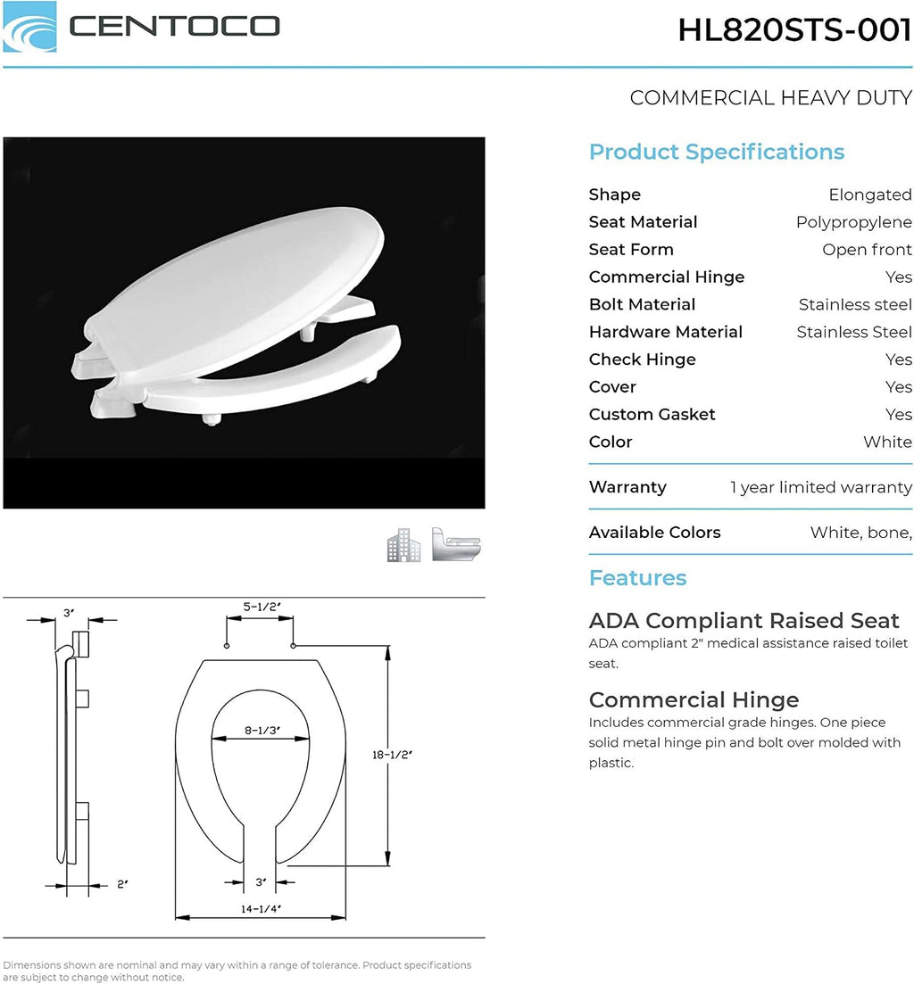 Centoco 2 inch Raised Toilet Seat for Seniors, Elongated, Open Front with Cover, Plastic, Made in the USA, HL820STS-001, White