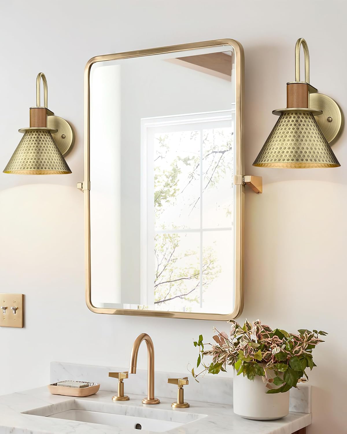 Industrial Wall Sconces Set of Two, HWH Indoor Wall Light Fixtures Barn Light, Single Wall Vanity Lamp for Bedroom Bedside Kitchen, Hammered Metal Shade, Antique Brass Finish, 5HZG74B-2L BG