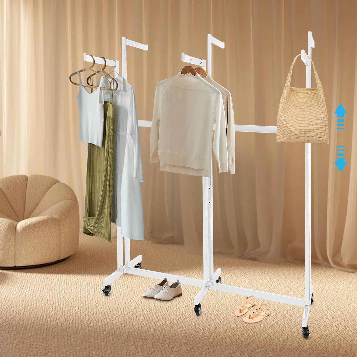 Clothing Display Racks for Retail, Retail Display Racks With Wheels, Floor Standing Metal Garment Rack for Hanging Clothes, Retail Store, Bedroom, Laundry Room. (White)