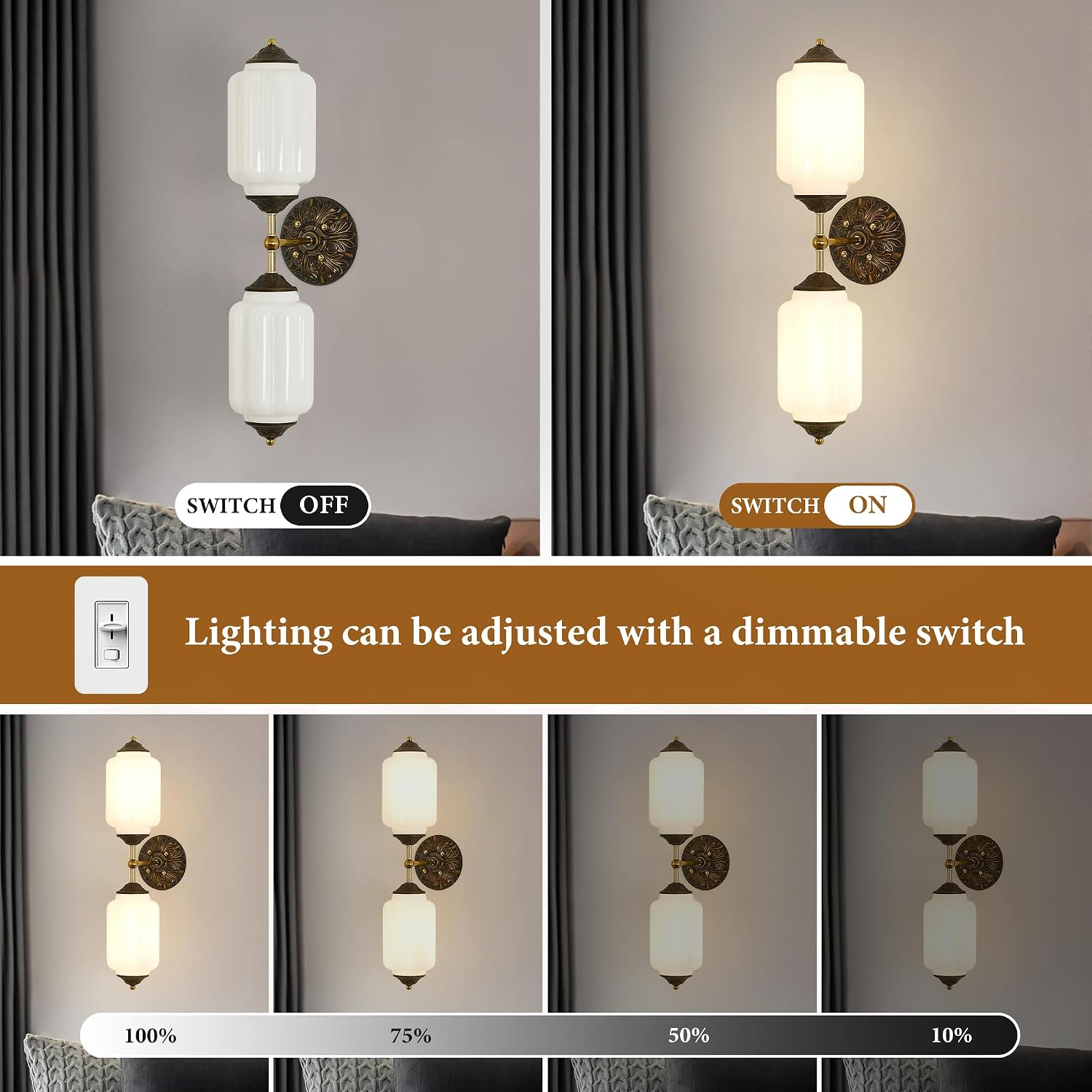 Vintage Milk Glass Bathroom Wall Sconce - 25' Mid Century Dimmable Vanity Light with Bulb - Vertical or Horizontal Mounted Sconces - Modern Brass Gold Lighting Fixture for Indoor Bedroom Hallway Decor