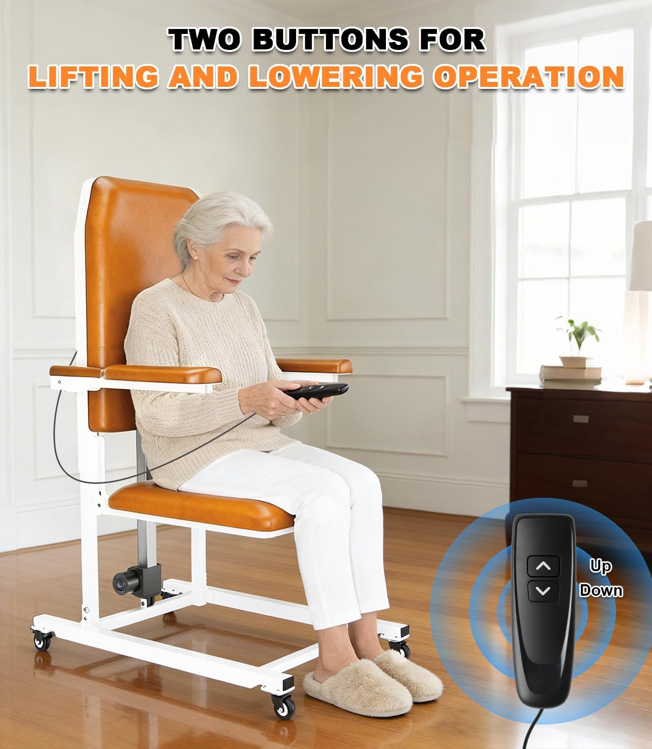 Lift Electric Lift Chair with Wheels - Foldable Standing Assist Chair Adjusts 4-20 in, Supports 573 lbs, Soft PU Cushion & Safety Strap for Elderly at Home & Care - Orange