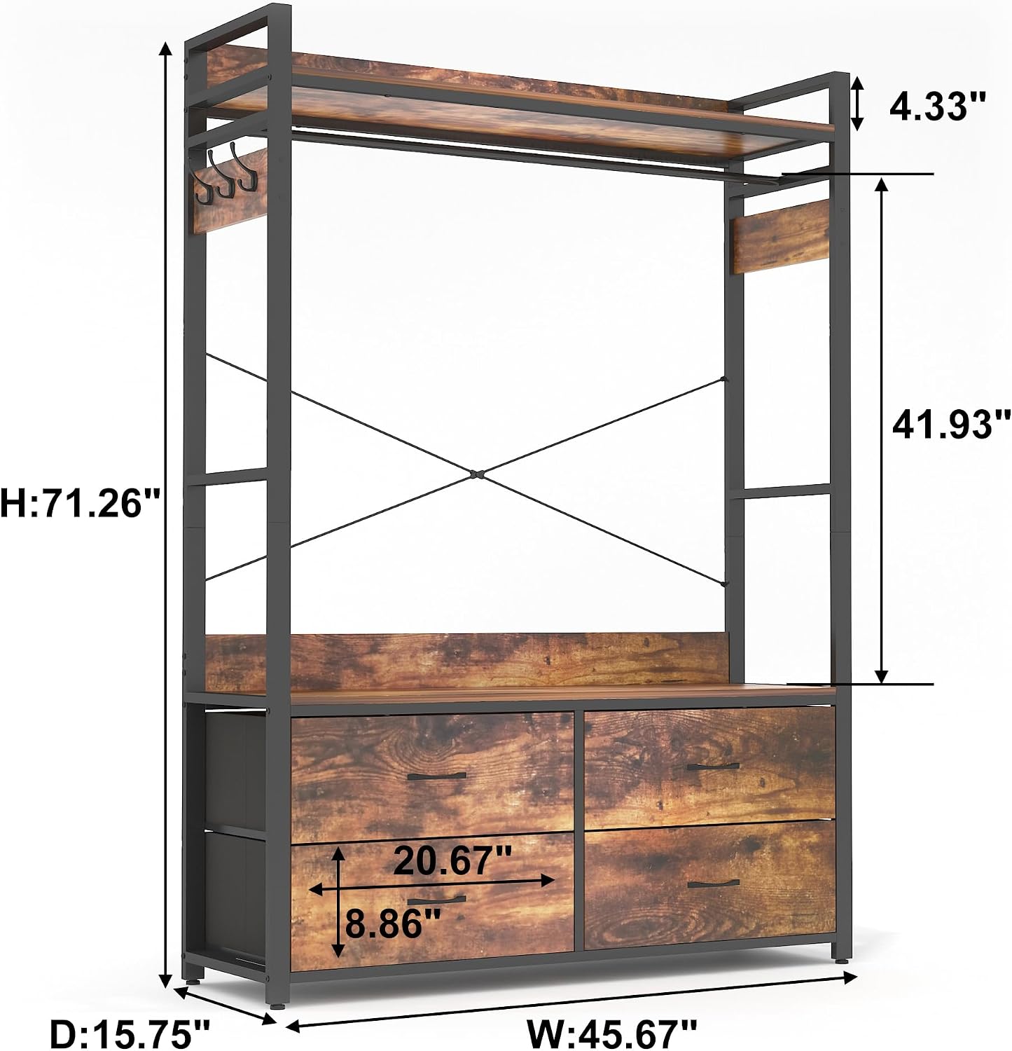 Clothes Rack with Drawers,Garment Rack with Shelves and Hanging Rod,Industrial Clothing Rack with bag storage,Freestanding Closet Organizer System for Storing Clothes,Shoes,bags, hats