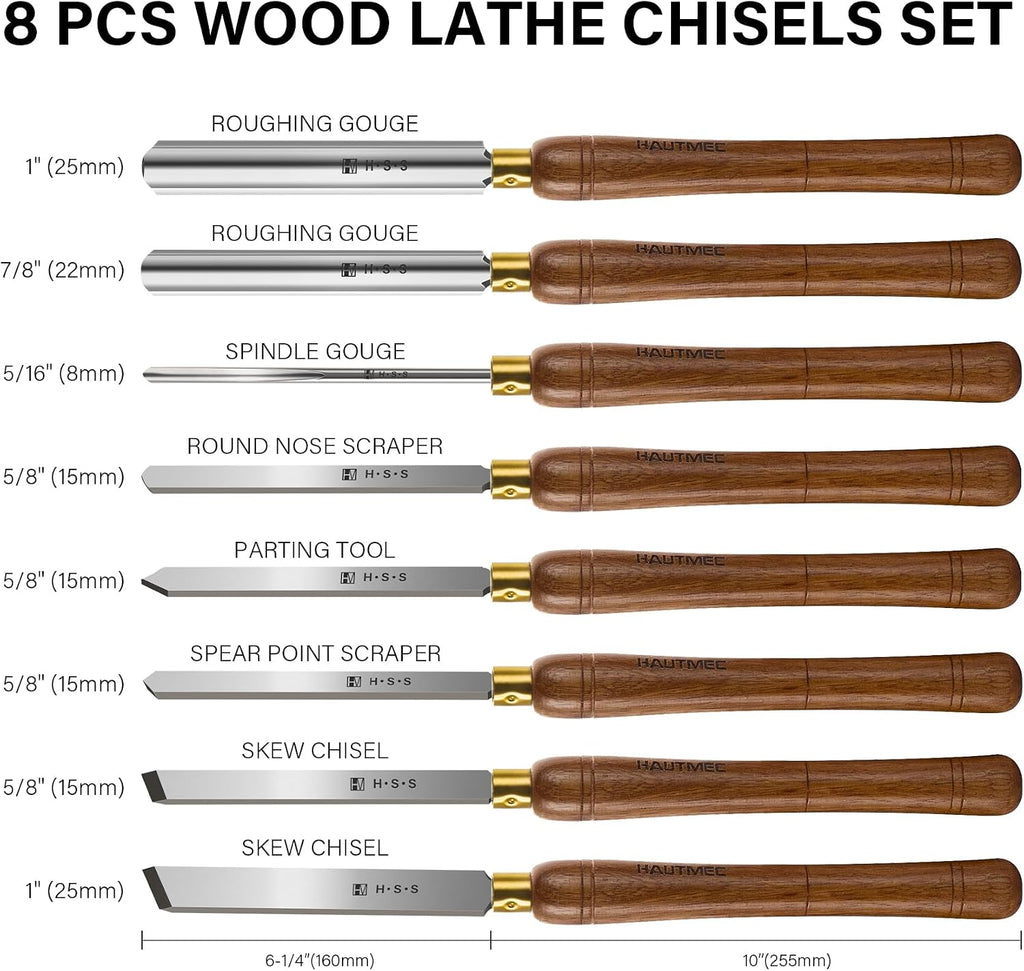 HAUTMEC Expert Wood Lathe Chisel Set 8 PCS, M2 HSS Wood Turning Tools with Teak Handles & Portable Storage Bag, Roughing Gouge, Skew, Parting, Scraper, for Beginners & Professionals - HTWCH25028