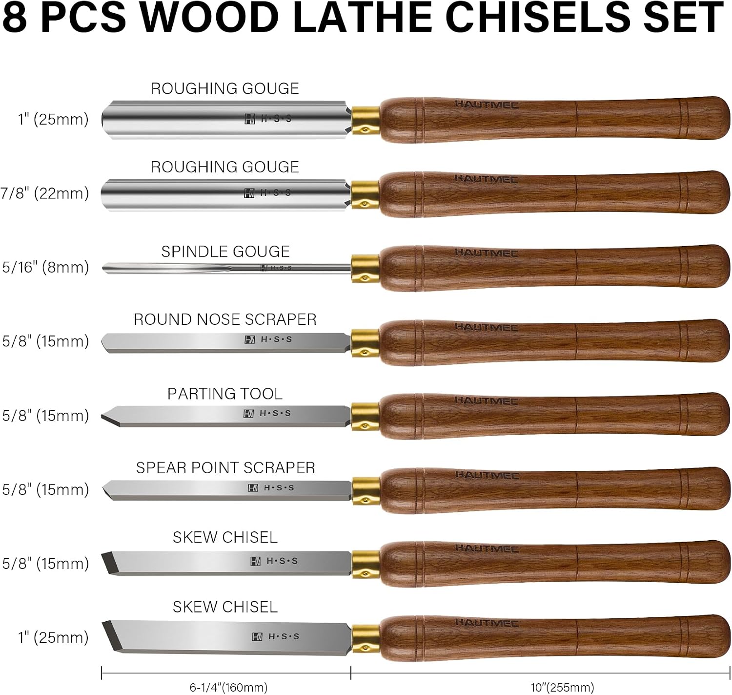 HAUTMEC Expert Wood Lathe Chisel Set 8 PCS, M2 HSS Wood Turning Tools with Teak Handles & Portable Storage Bag, Roughing Gouge, Skew, Parting, Scraper, for Beginners & Professionals - HTWCH25028