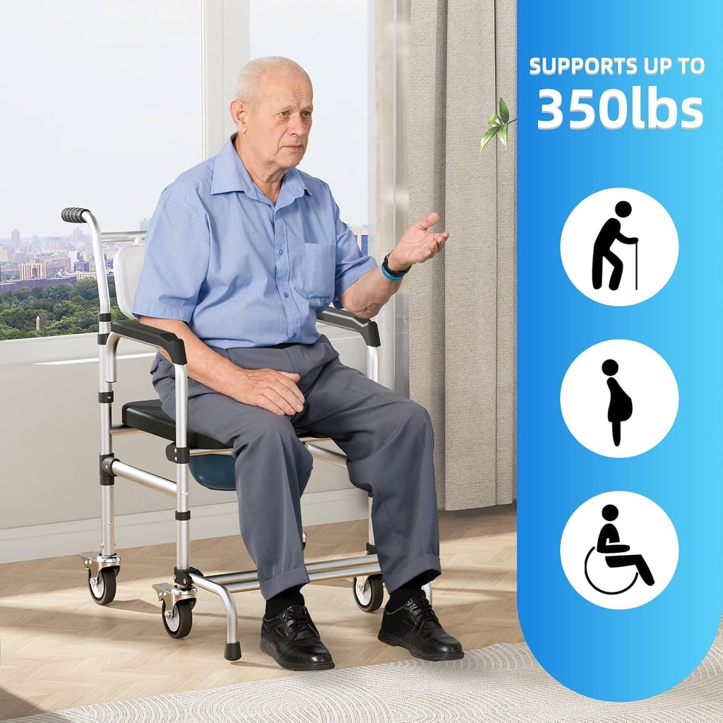 4 in 1 Rolling Bedside Commode Chair w/Wheels for Elderly, Shower Chair w/Handles for Height Raised Toilet Seat for Seniors, Disabled & Pregnant Holds Up to 350 lbs
