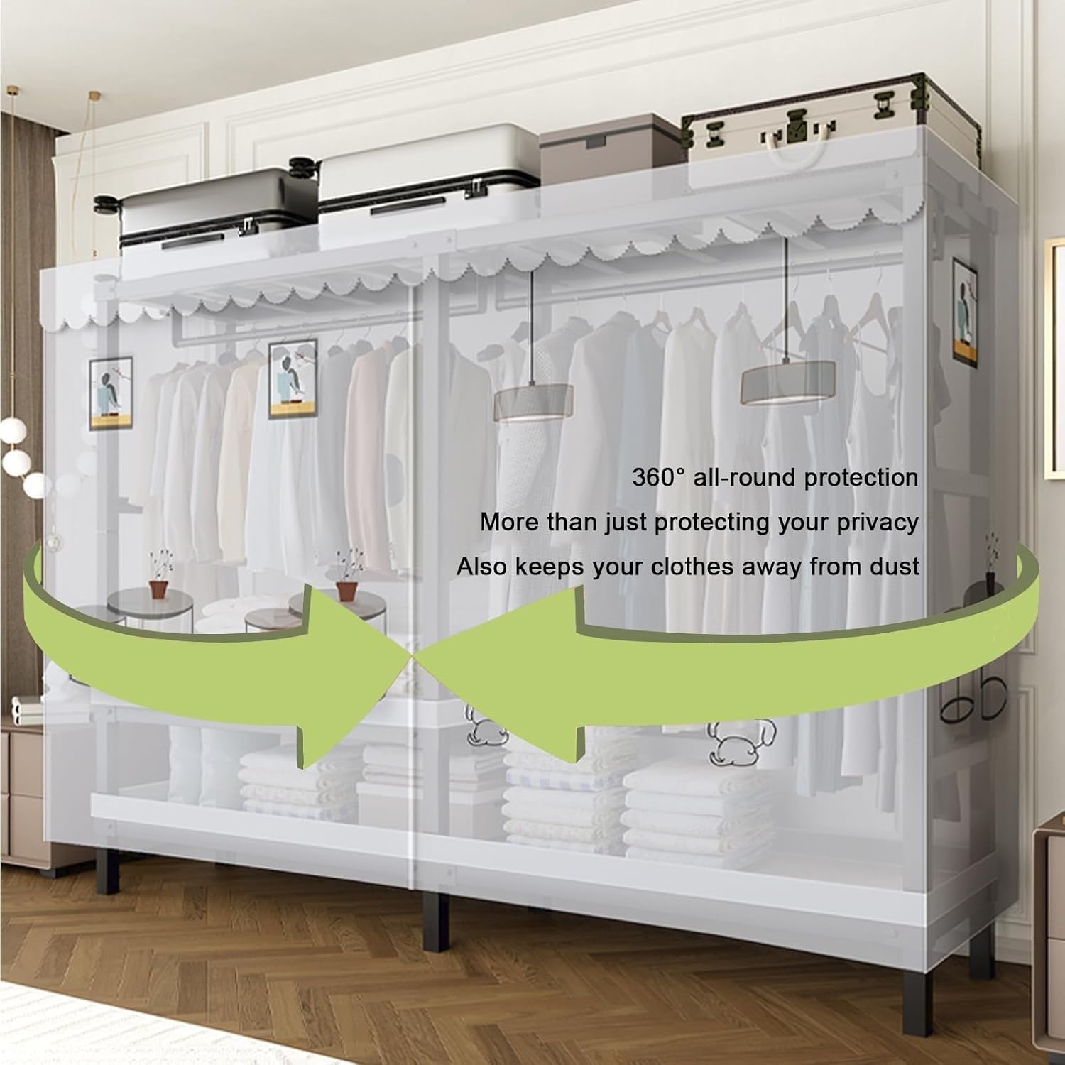 Portable Closet, Wardrobe Clothes Organizer, Heavy Duty Foldable Wardrobe Load 2000lbs, Freestanding Metal Clothing Rack, Rolling Garment Rack With Wheel, Covered Clothes Armoires Bedroom(150*52*180cm