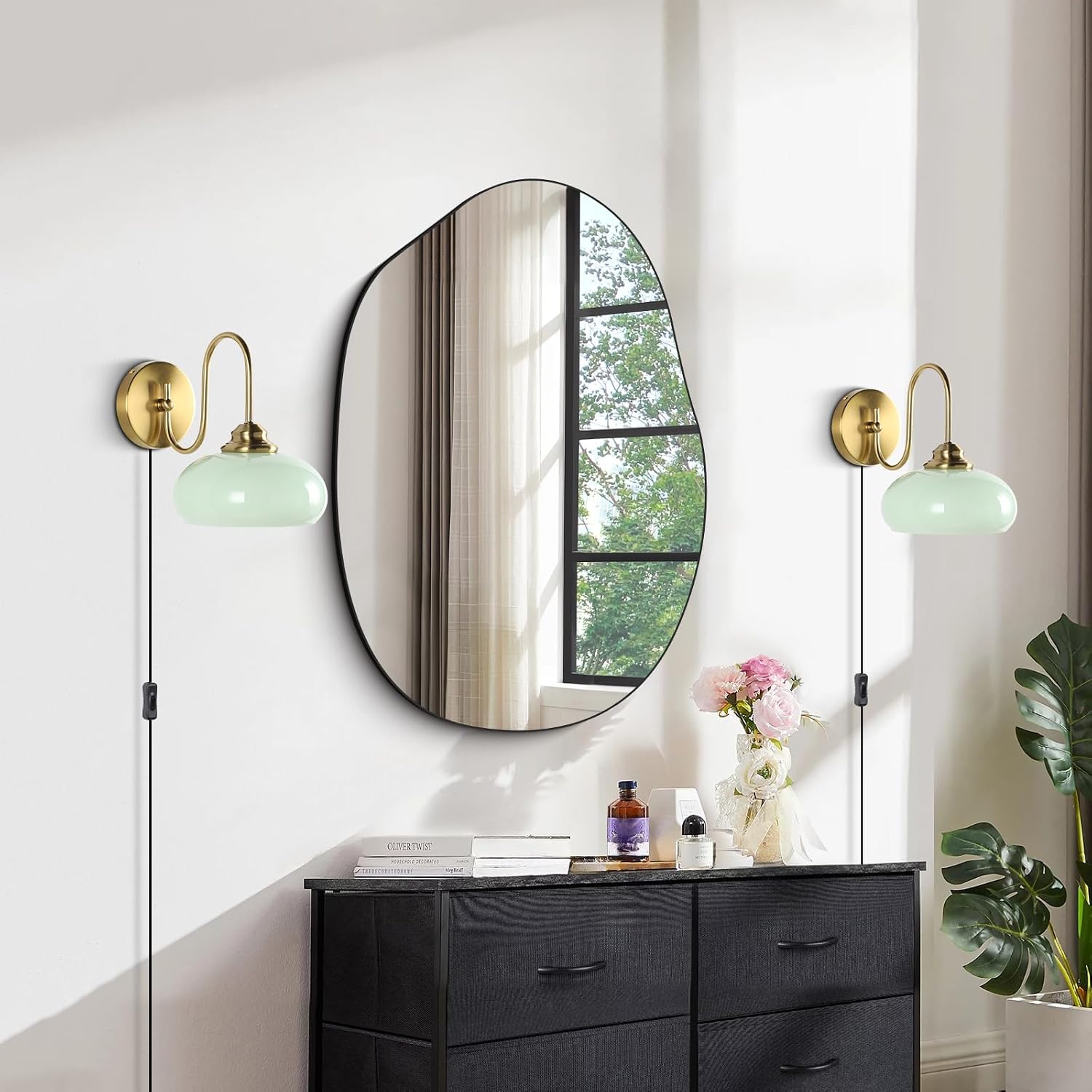 KCO Lighting Vintage Green Glass Wall Sconce Plug in Vintage Brushed Gold Wall Sconce Set of Two Mid Century Modern Bathroom Wall Light