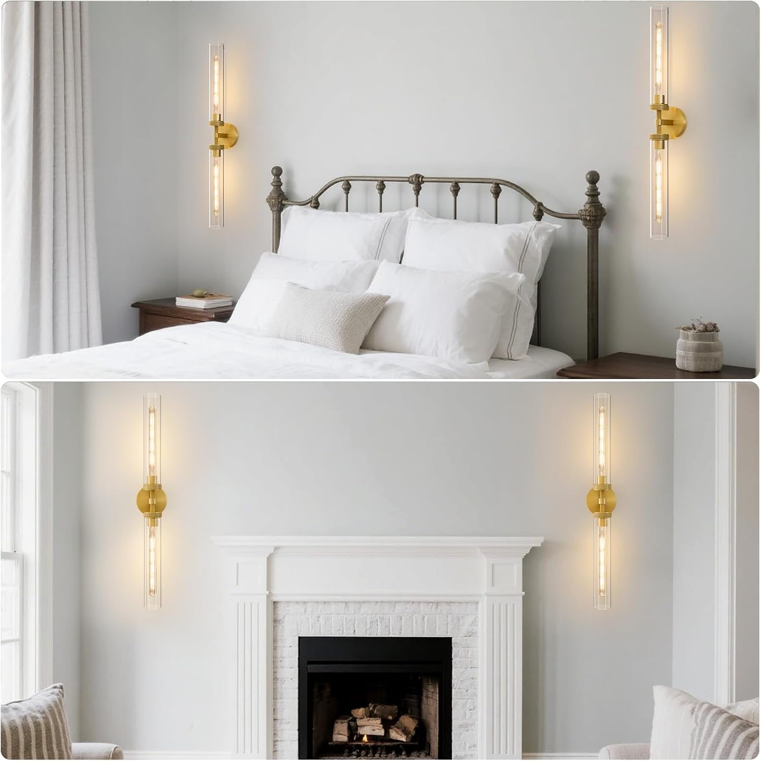 Knurled Brass Tube Wall Sconce - Set of 2 Luxury Modern Dimmable Sconces with Bulbs - Gold Glass Vanity Light Fixture - Vertical or Horizontal Mounted Indoor Lighting for Bathroom Bedroom Living Room