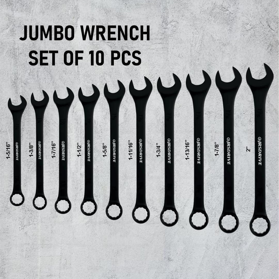 SAE Wrench Set, Large Wrench Set, 10-Piece 1-5/16″ to 2' Long Big Open End Wrench Tools Set Roll Up Pouch Organizer with Gauge, 12 Point Combination Spanner Set E-2004
