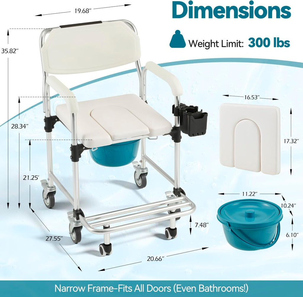 4-in-1 Bedside Commode Chair, Shower Wheelchair for Elderly and Disabled, Rolling Transport Toilet Chair with 4 Lockable Wheels, Anti-Tipping Rollout Footrest, Full Accessory Pack, White