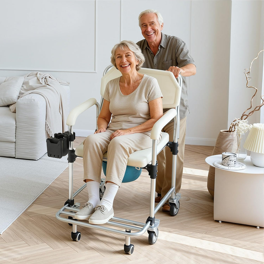 4-in-1 Bedside Commode Chair, Shower Wheelchair for Elderly and Disabled, Rolling Transport Toilet Chair with 4 Lockable Wheels, Anti-Tipping Rollout Footrest, Full Accessory Pack, White