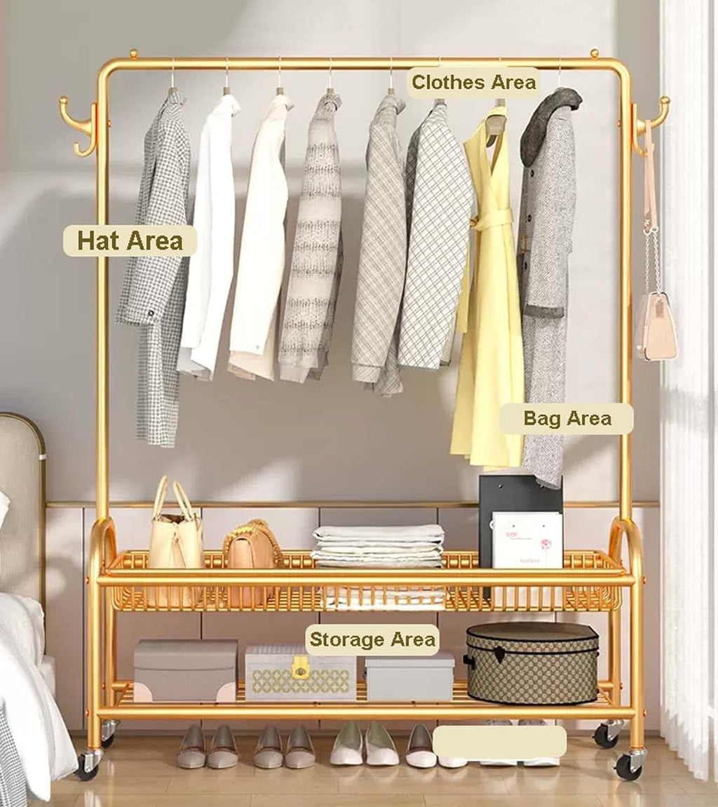 Clothes Rack On Wheels 31x14x61 in, Clothing Rack with Bottom Mesh Storage Shelf, Modern Simple Heavy Duty Metal Rolling Garment Rack with Wheel, Metal Coat Wardrobe Rack