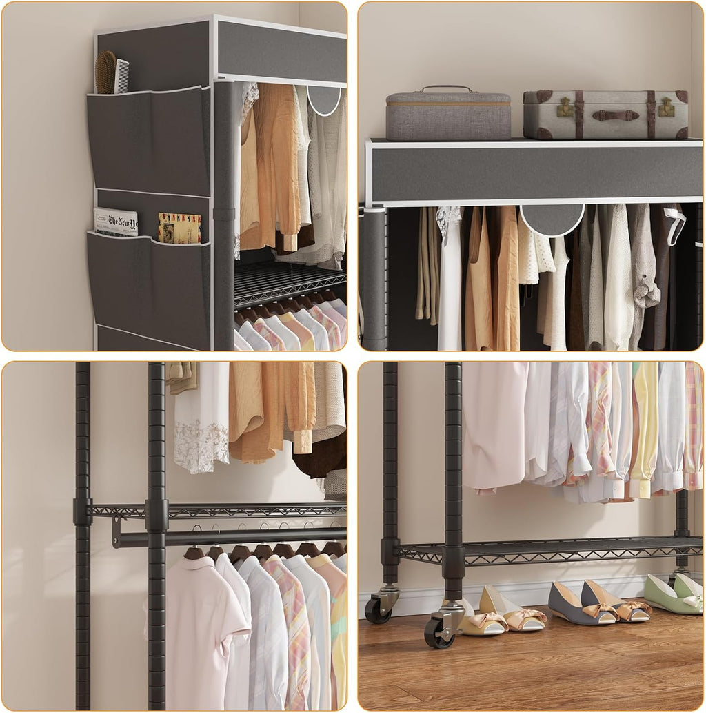 Homdox Garment Rack with Cover, Heavy Duty Clothing Rack for Hanging Clothes, Portable Closet Wardrobe, Double Rods Garment Rack with wheels, 35.1' W x 17.4' D x 80.6' H, Gray