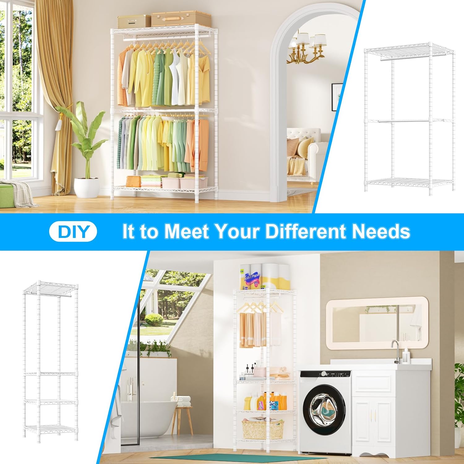 Ulif E10 Clothes Rack（With Stretchable Hanger Rod）Freestanding Clothing Racks for Hanging Clothes，Adjustable Closet Organizer System，Portable Garment Rack 73-97'W x 15' D x 72' H，Max Load 800LBS，White