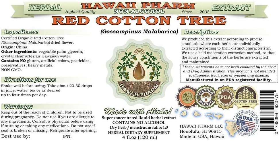 Hawaii Pharm Red Cotton Tree Alcohol-Free Liquid Extract, Red Cotton Tree (Gossampinus Malabarica) Dried Flower Glycerite Natural Herbal Supplement, 2x32 fl.oz