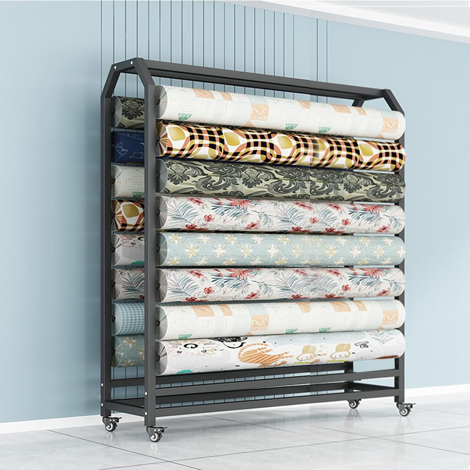 12 Rods Commercial Fabric Roll Storage Rack, Large Textile Fabric Display Rack with Adjustable Hanging Rod, Movable Organizer Holder for Vinyl Roll/Leather Roll/Curtain Studio/Wallpaper (12 rods)
