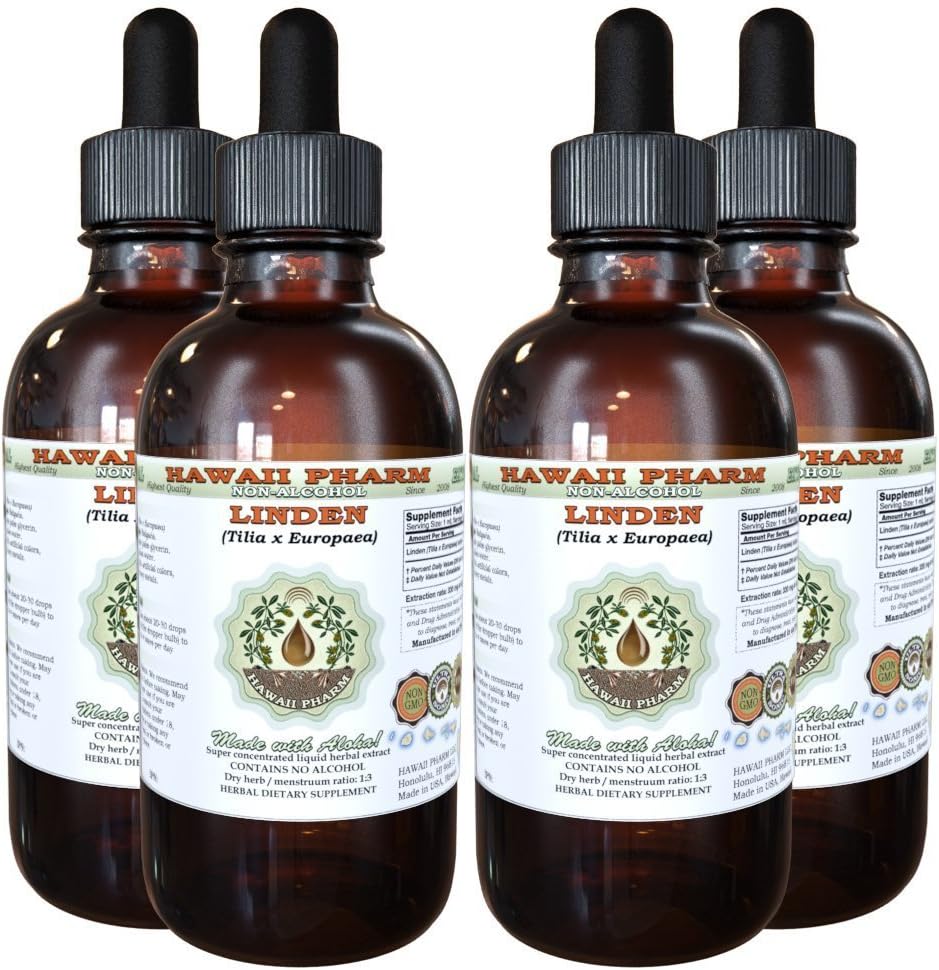 Hawaii Pharm Linden Alcohol-Free Liquid Extract, Professional Grade, Small Batch Linden (Tilia x Europaea) Dried Leaf and Flower Glycerite 4x4 oz