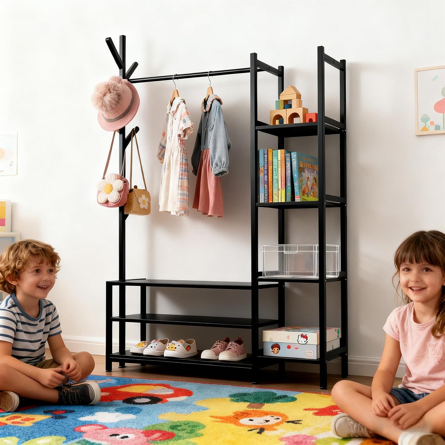4 in 1 Freestanding Closet Organizer with Clothes Rack & Shoes Rack & 5 Side Shelves, Heavy Duty Wood Clothing Rack for Hanging Clothes, Multi-functional Wardrobe Closet for Entryway/Bedroom- Back