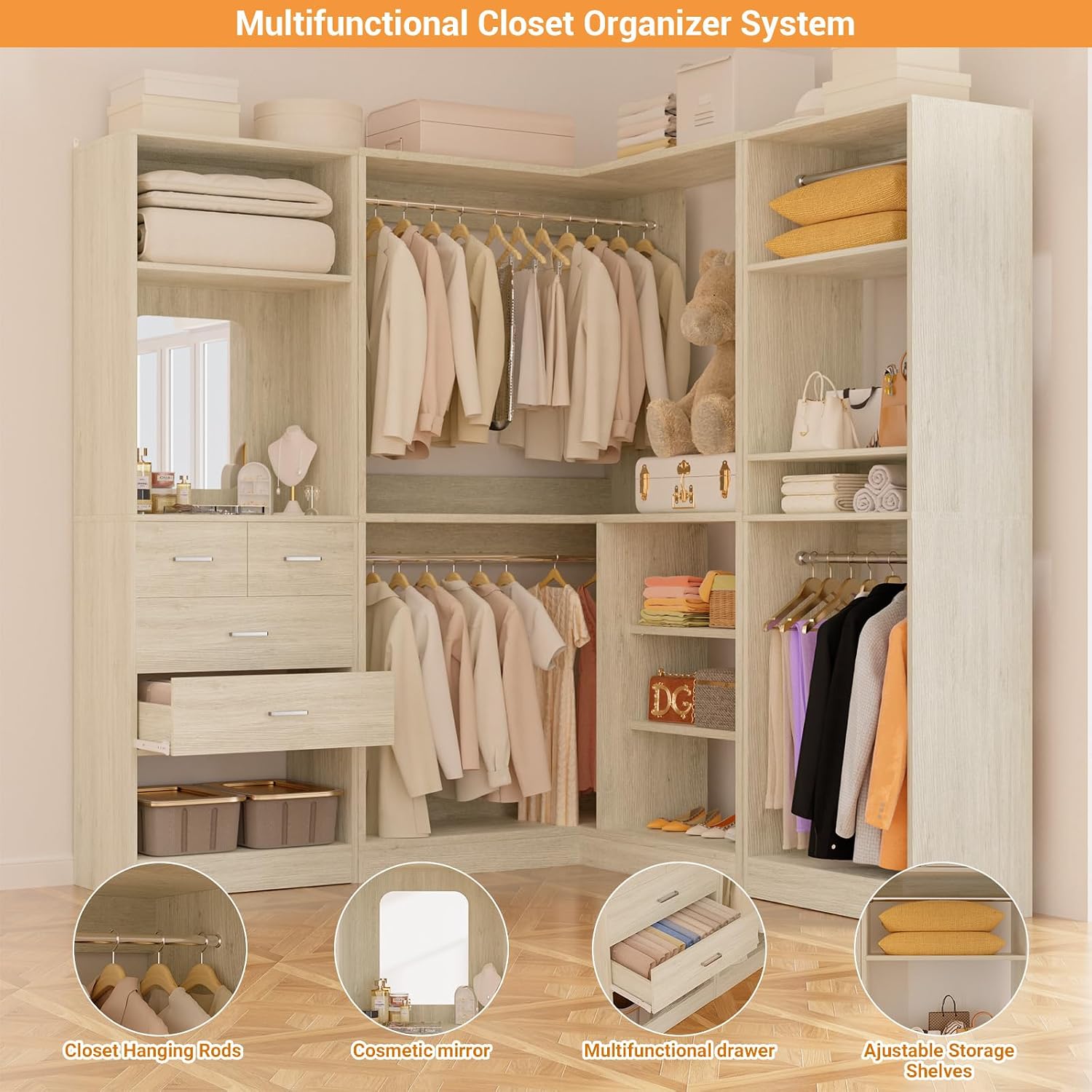 Unikito 86 Inch Closet System, 3 Sets Corner Closets Organizer with Hanging Rods and Mirror Design, Freestanding Adjustable Wood Clothes Garment Rack with Drawers, Sturdy Walk in Closet Kit, White Oak