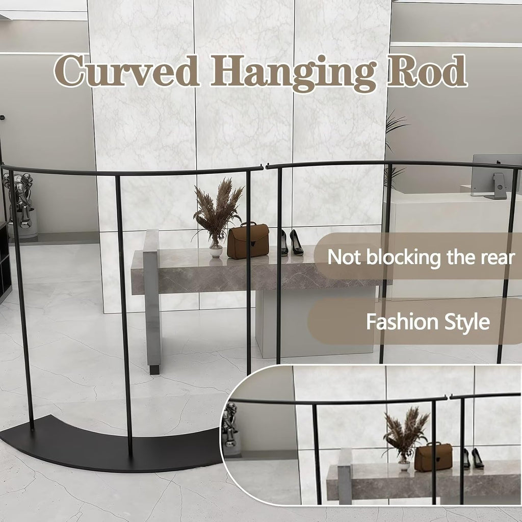 2-Piece Black Retail Clothing Rack Set - Sturdy Metal Display Garment Rack with Curved Modern Minimalist Design, for Clothing Store