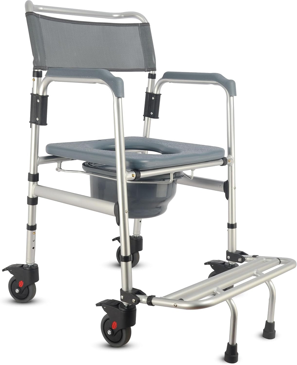 HygiCare 3-in-1 Aluminum Bedside Commode Toilet Shower Chair with Swivel Wheels 6.3 qt Bucket 4 Brake Casters Tool-Free Assembly Support Up to 300 lbs Height Adjustable Lightweight