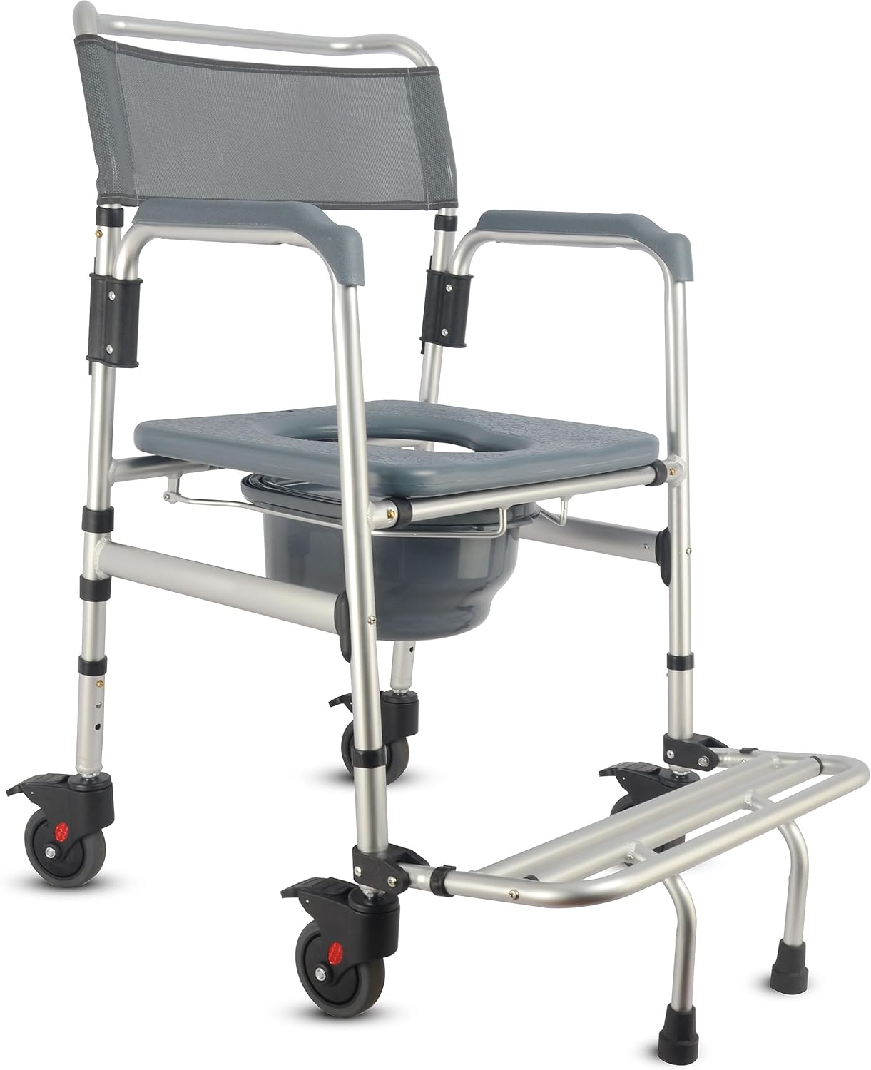 HygiCare 3-in-1 Aluminum Bedside Commode Toilet Shower Chair with Swivel Wheels 6.3 qt Bucket 4 Brake Casters Tool-Free Assembly Support Up to 300 lbs Height Adjustable Lightweight