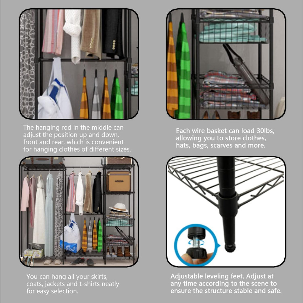 Xiofio 6 Tiers Heavy Duty Garment Rack,Metal Clothing Rack,Clothing Storage Rack,Closet Organizer System Freestanding & Adjustable Wardrobe 60.7' L x 15.7' W x 70.5' H Max Load 720LBS Black